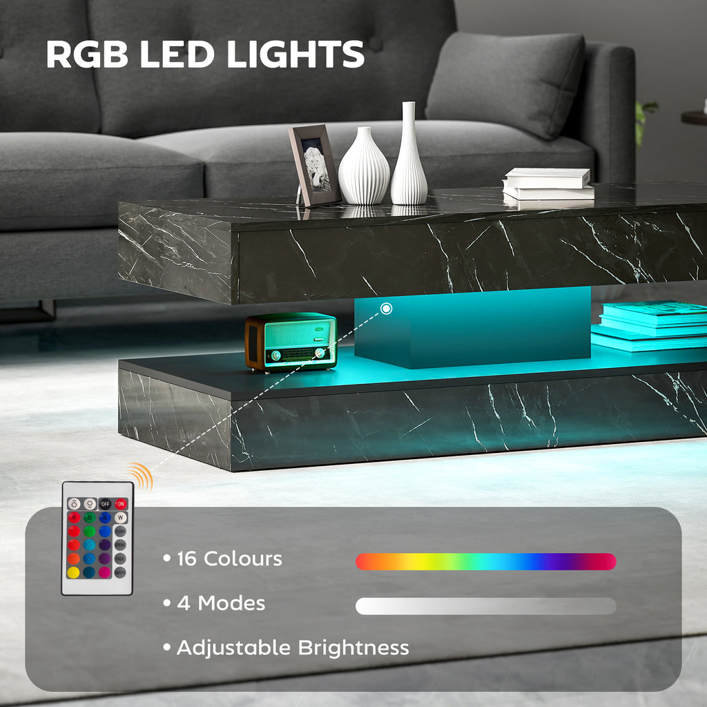 Coffee Table with Adjustable LED Lights, Center Table with 2 Drawers, Open Shelf, Remote, High Gloss Marble-Effect White