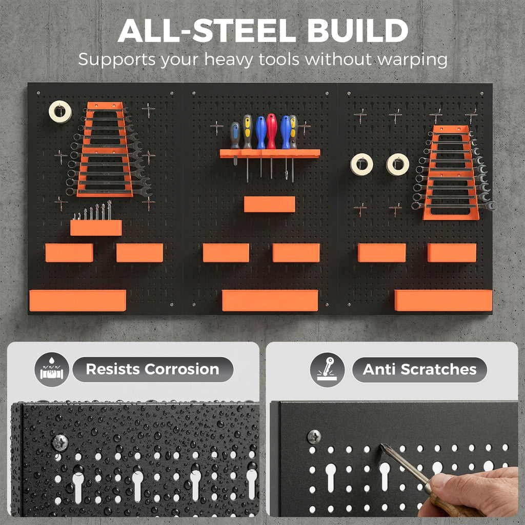 33 Piece Metal Pegboard Panels, Peg Board with 16 Hooks, Bins and Racks, Black and Orange