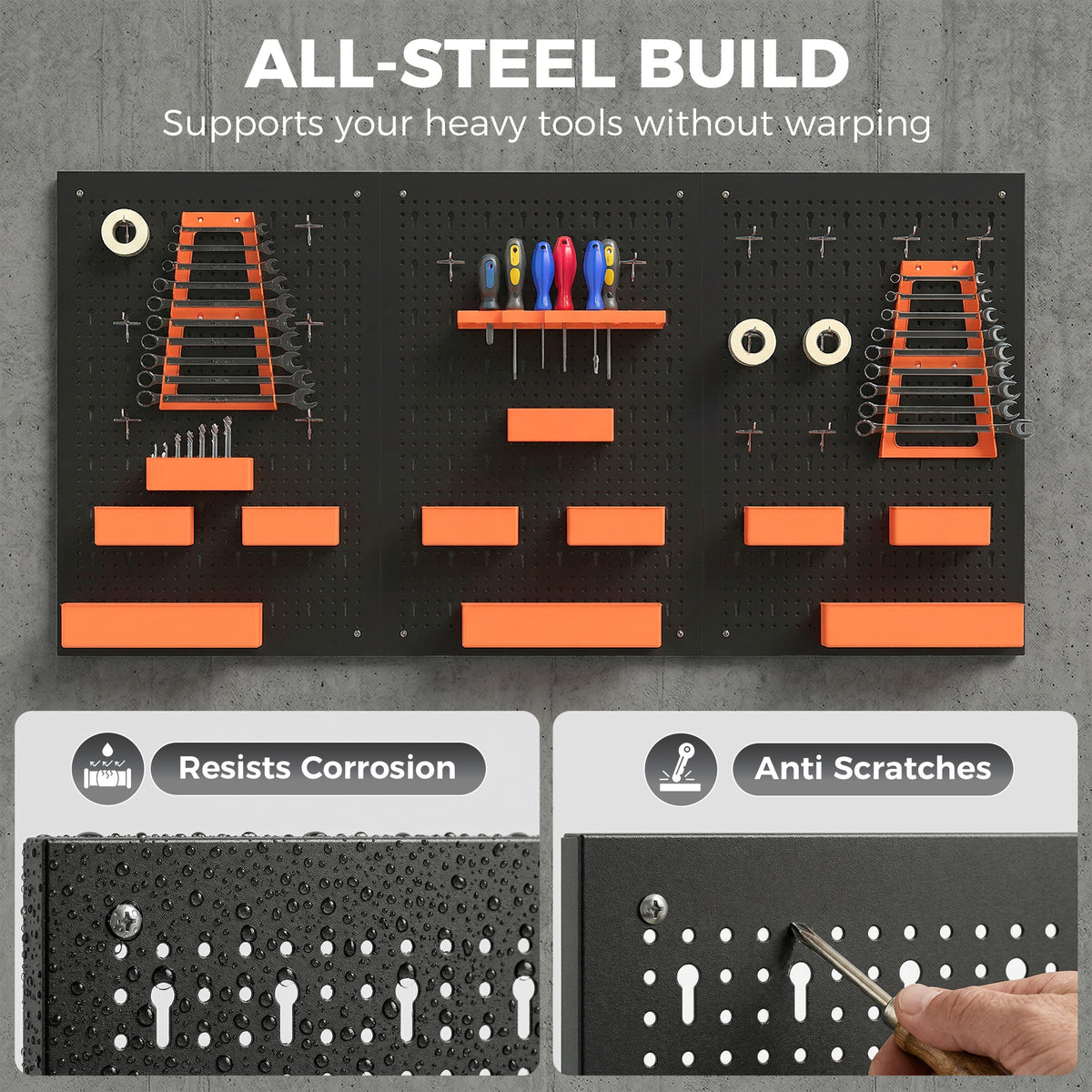 33 Piece Metal Pegboard Panels, Peg Board with 16 Hooks, Bins and Racks, Black and Orange
