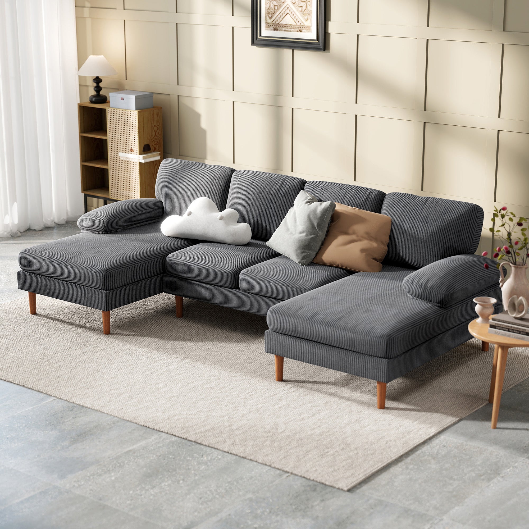 U Shape Couch with Double Chaise Lounge, Modern 4 Seater Sofa with Wooden Legs, Fabric Sofa for Living Room, Dark Grey