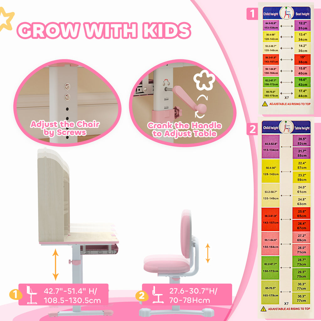 Qaba Kids Desk and Chair Set with Tilt Desktop, Adjustable Height, Drawer and Shelves for Boys Girls Ages 3-12, Pink