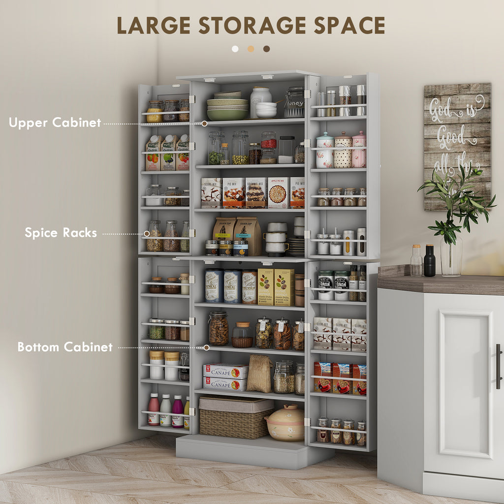65" Kitchen Cabinet, Kitchen Pantry Cabinet with 4 Doors and 16 Door Shelves for Dining Room, White