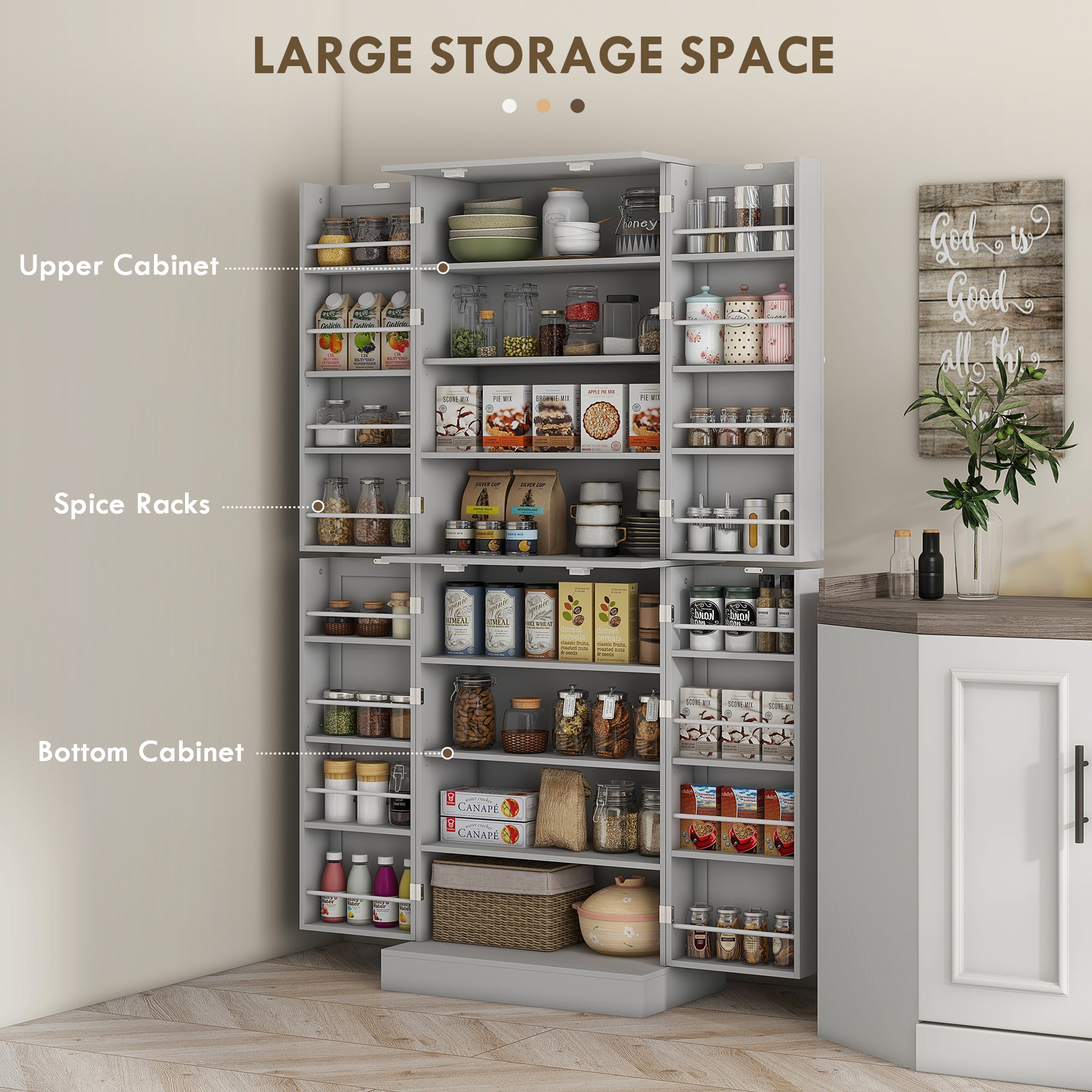 65" Kitchen Cabinet, Kitchen Pantry Cabinet with 4 Doors and 16 Door Shelves for Dining Room, White
