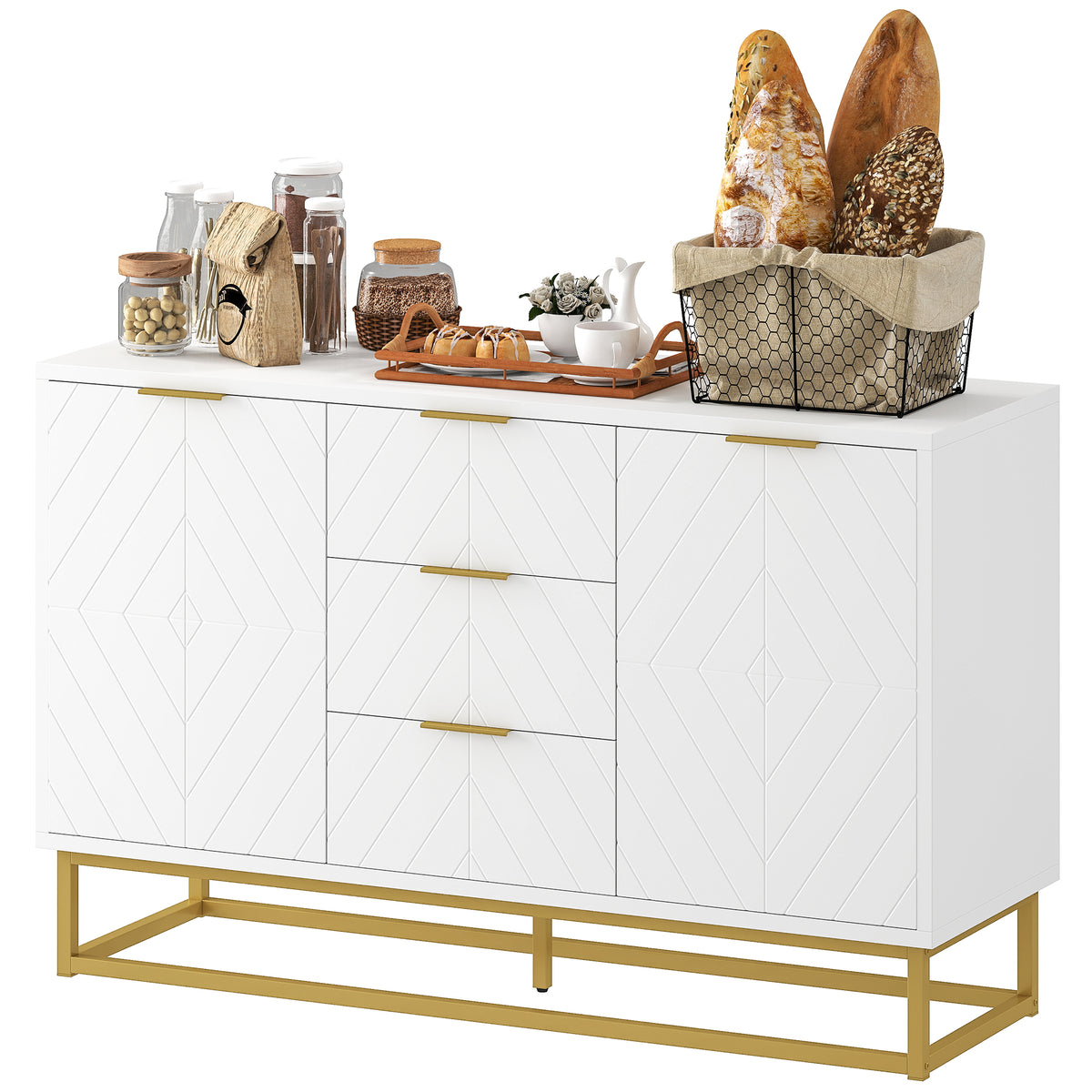 47" Storage Cabinet with Doors, Adjustable Shelves, 3 Drawers, Metal Legs for Kitchen Storage, Home Use, White