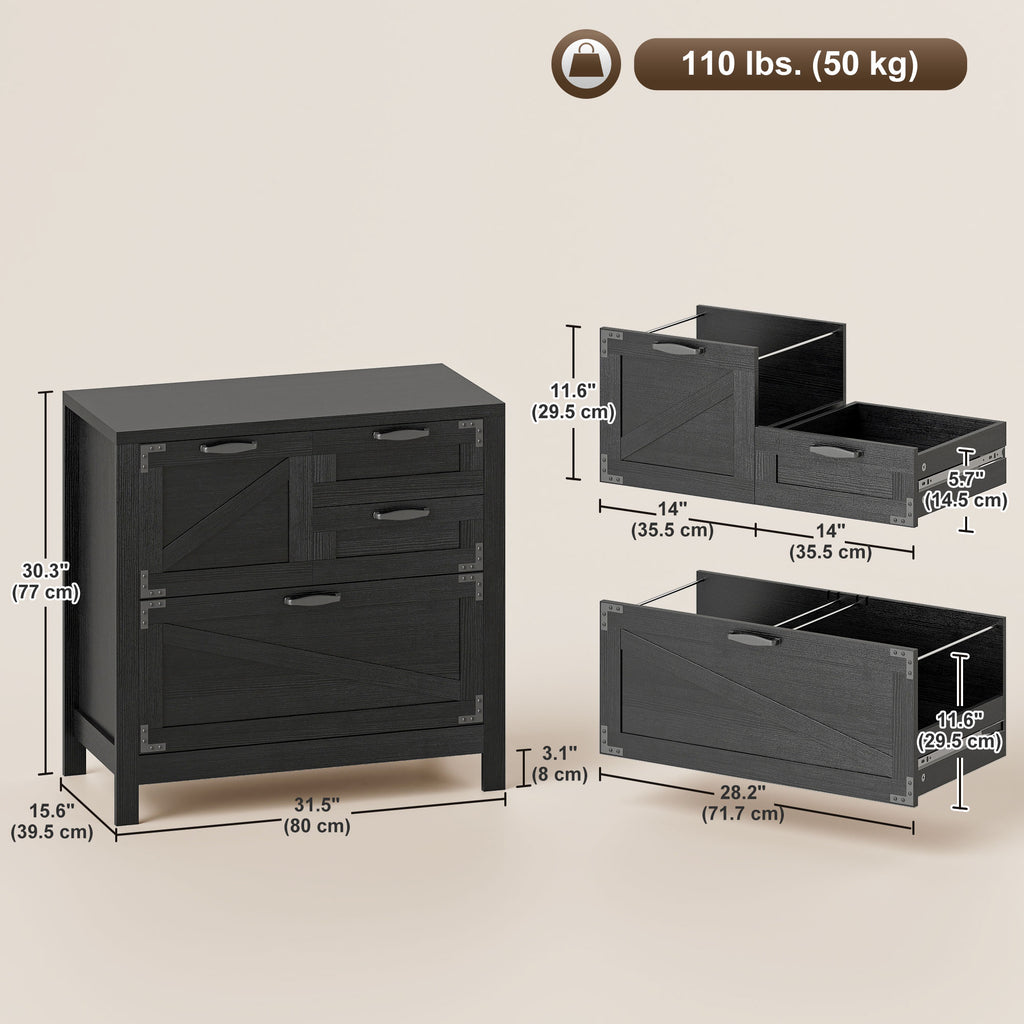 Lateral Filing Cabinet, Farmhouse File Cabinet with 4 Drawers, Fit Letter/A4/Legal Hanging Files, Black Wood Grain