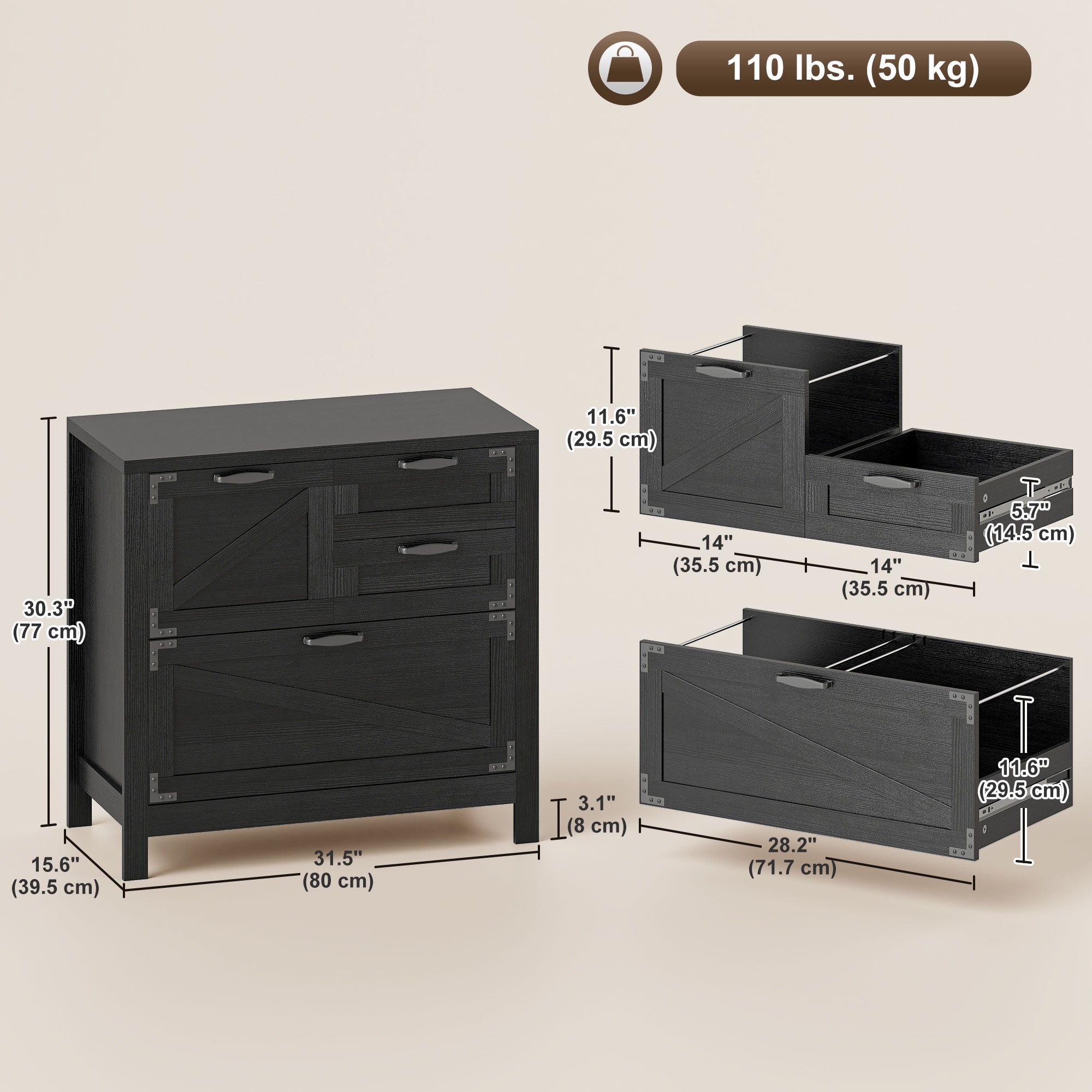 Lateral Filing Cabinet, Farmhouse File Cabinet with 4 Drawers, Fit Letter/A4/Legal Hanging Files, Black Wood Grain