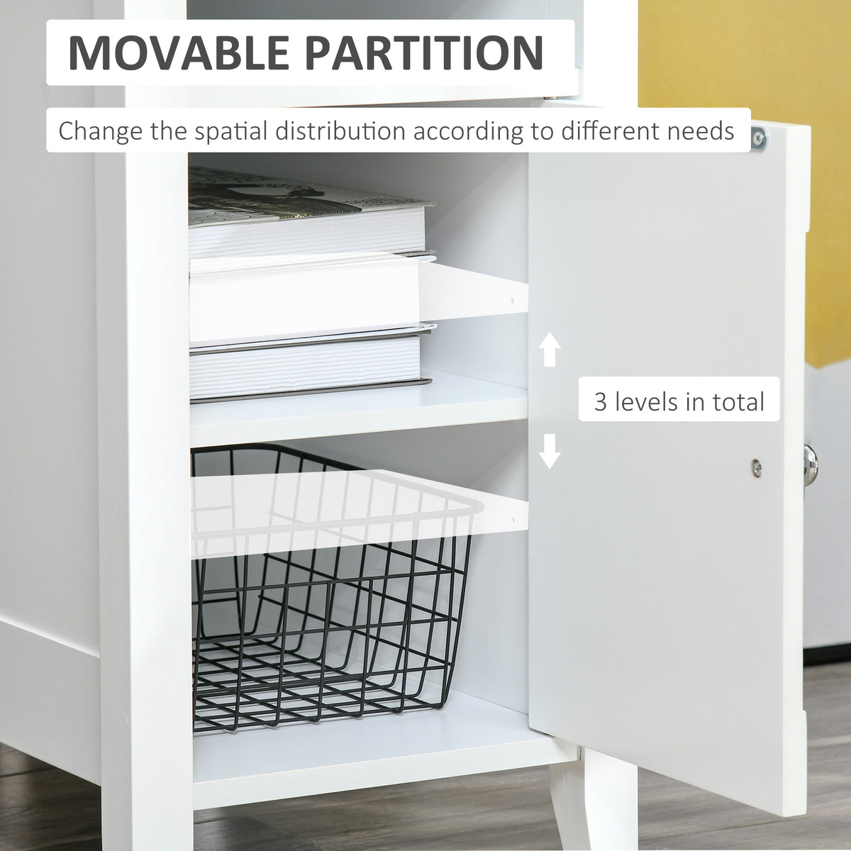 Wooden3-Tier Modern Nightstand with Pullout Shelf, Adjustable Open Shelf, and Door Cabinet, White