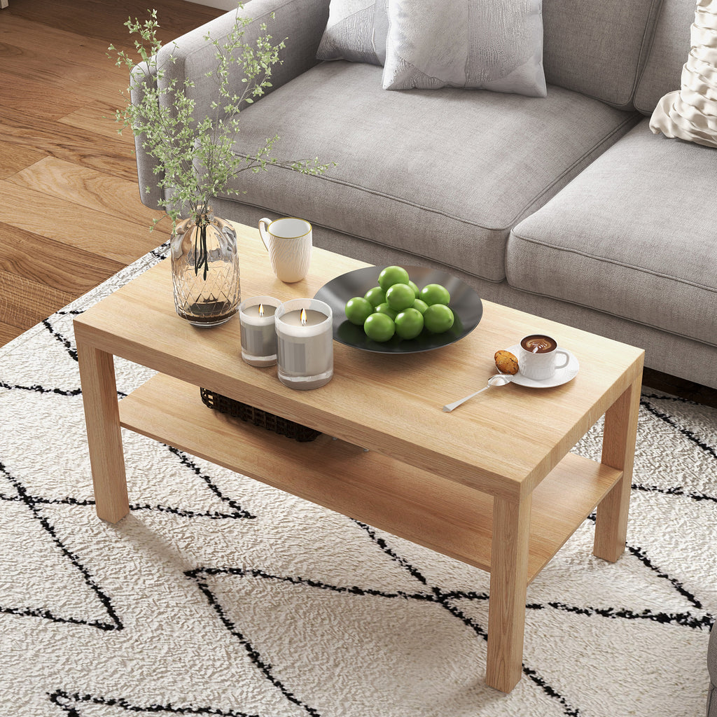 2 Tier Coffee Table with Storage Shelf, Rectangular Center Table for Living Room, Home Office Furniture Nature Wood