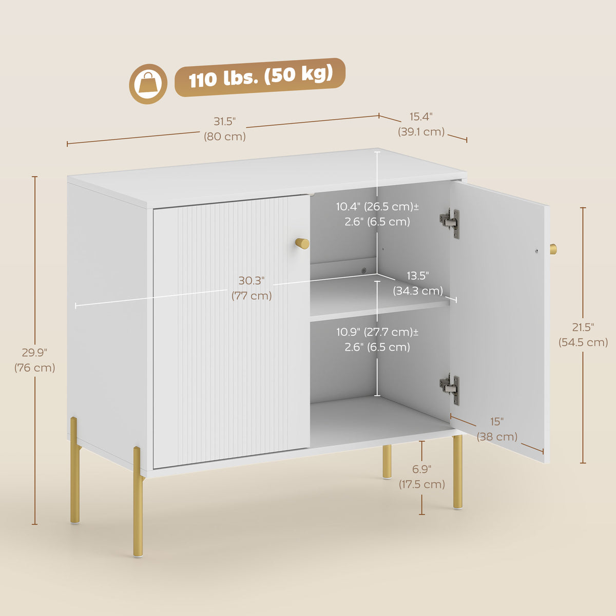 Sideboard, Modern Buffet Cabinet, Coffee Bar Cabinet with Fluted Doors and Adjustable Shelf, White