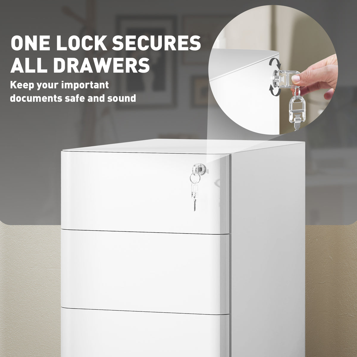 3 Drawer Filing Cabinet, Lockable Steel Office Storage Cabinet with Hanging Bar for Letter, A4, Legal Files, White
