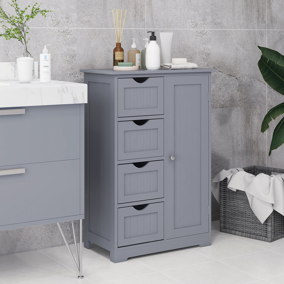Bathroom Storage Cabinet, Floor Cabinet with Adjustable Shelf and 4 Drawers, Side Cabinet for Washroom, White