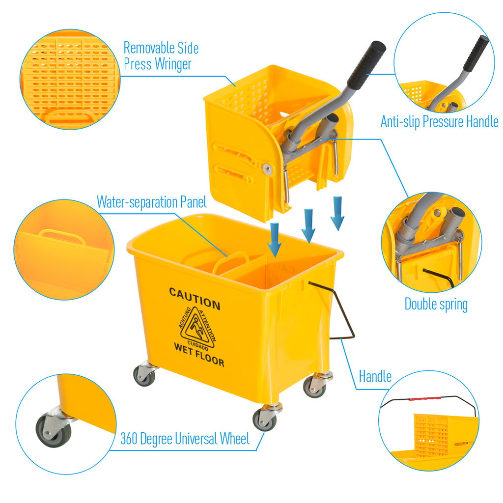 Compact Mop Bucket with Wringer, Mop Bucket on Wheels, 5 Gallon, Separate Dirty and Clean Water, Yellow