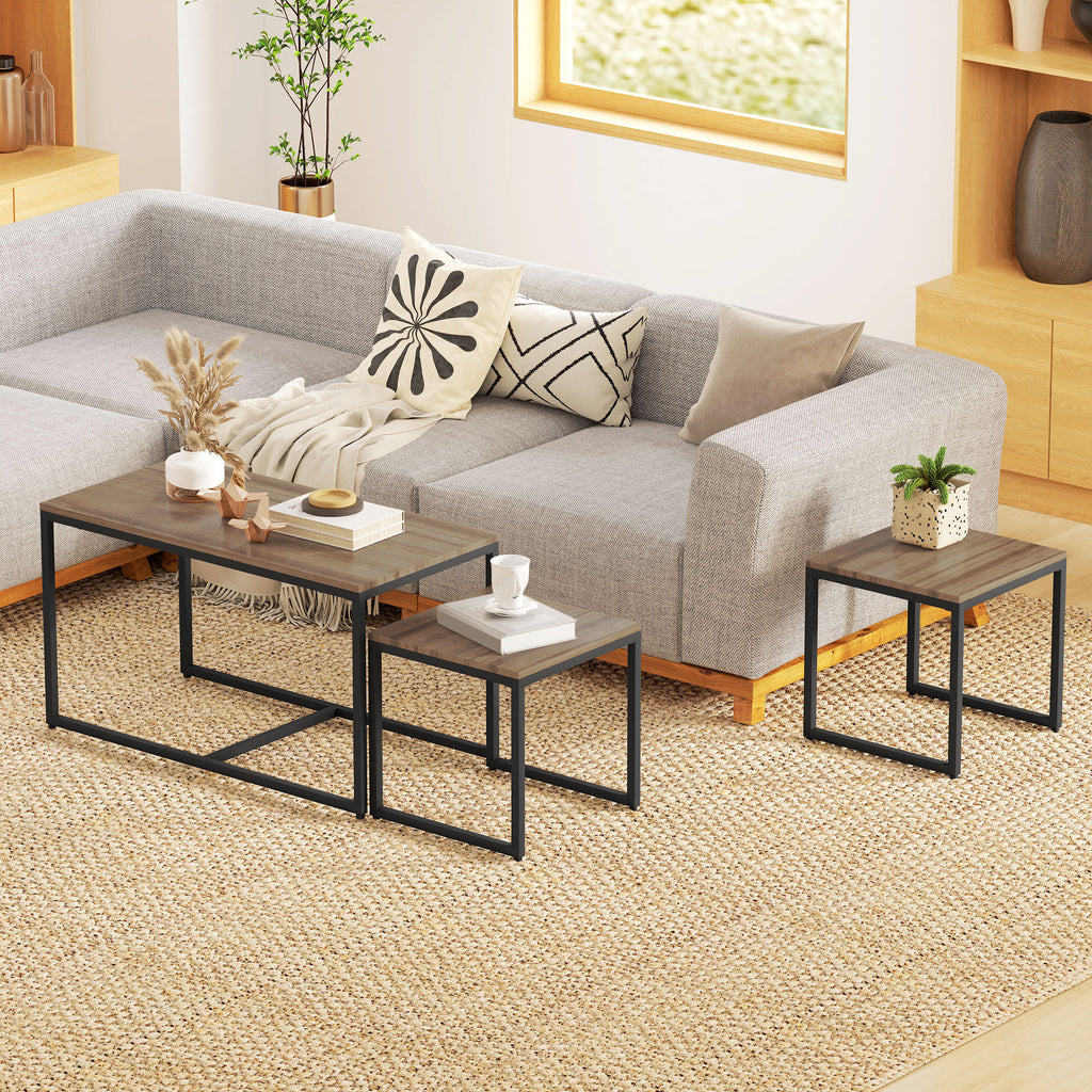 Nesting Coffee Table Set of 3, Modern End Tables with Black Metal Frame for Living Room Home Furniture, Brown