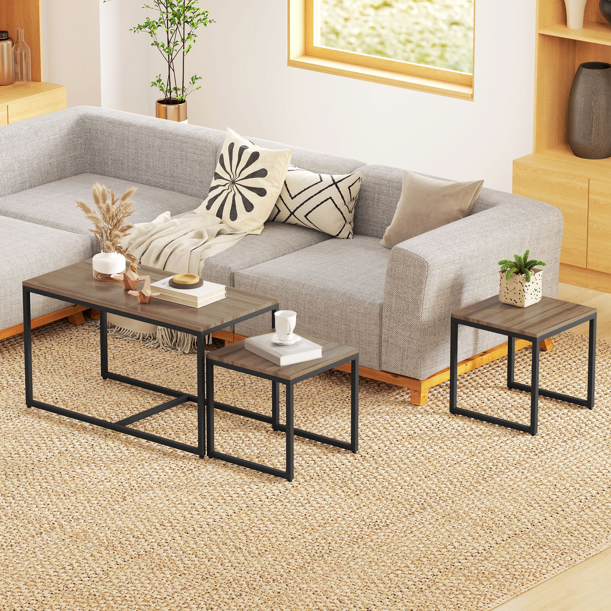 Nesting Coffee Table Set of 3, Modern End Tables with Black Metal Frame for Living Room Home Furniture, Brown