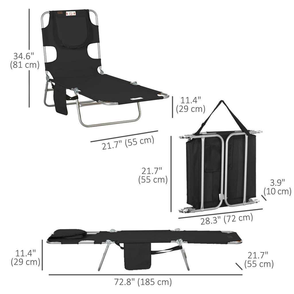 Folding Outdoor Lounge Chair, 5-Level Tanning Chair with Face Hole, Side Pocket, Carry Strap for Beach Pool, Grey
