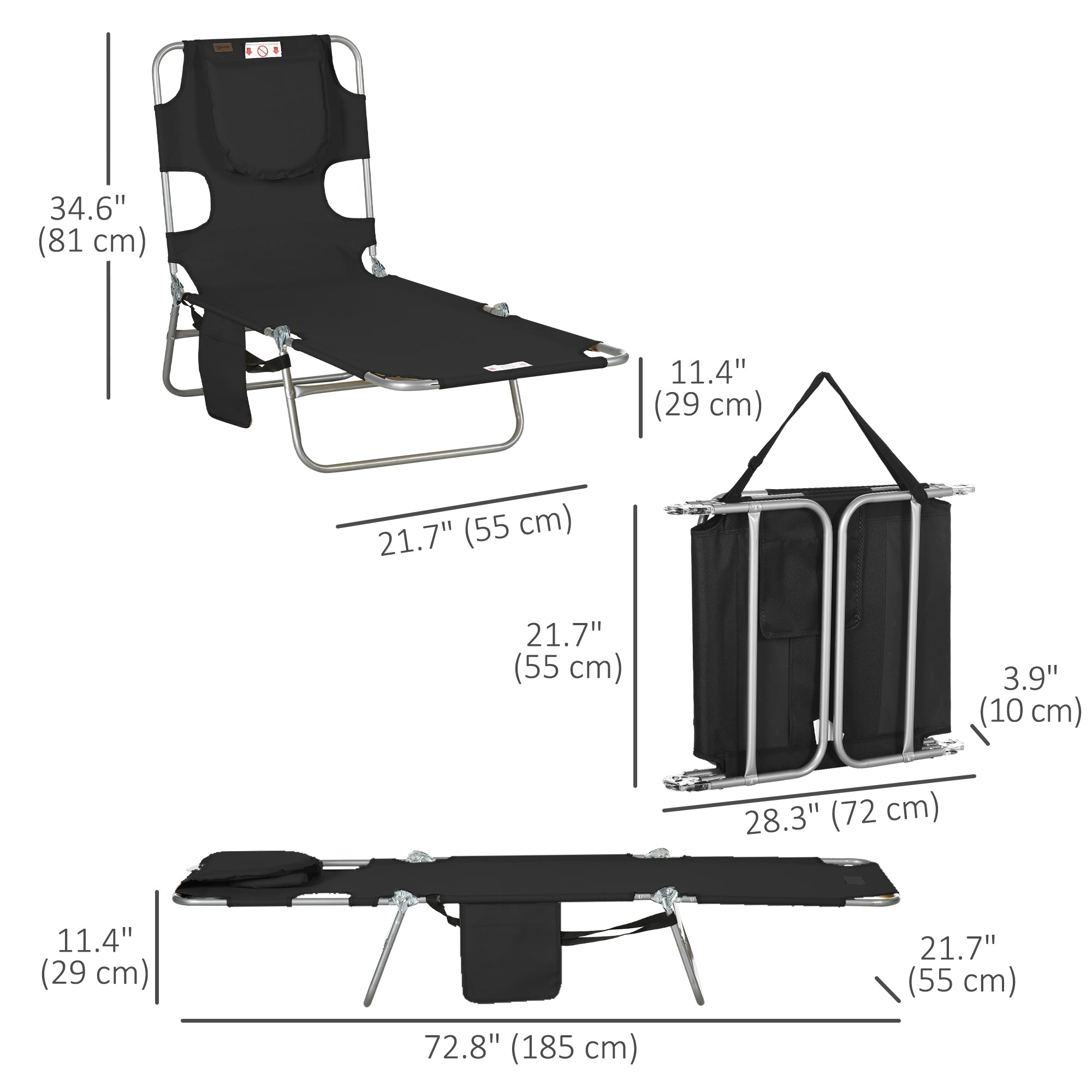 Folding Outdoor Lounge Chair, 5-Level Tanning Chair with Face Hole, Side Pocket, Carry Strap for Beach Pool, Grey