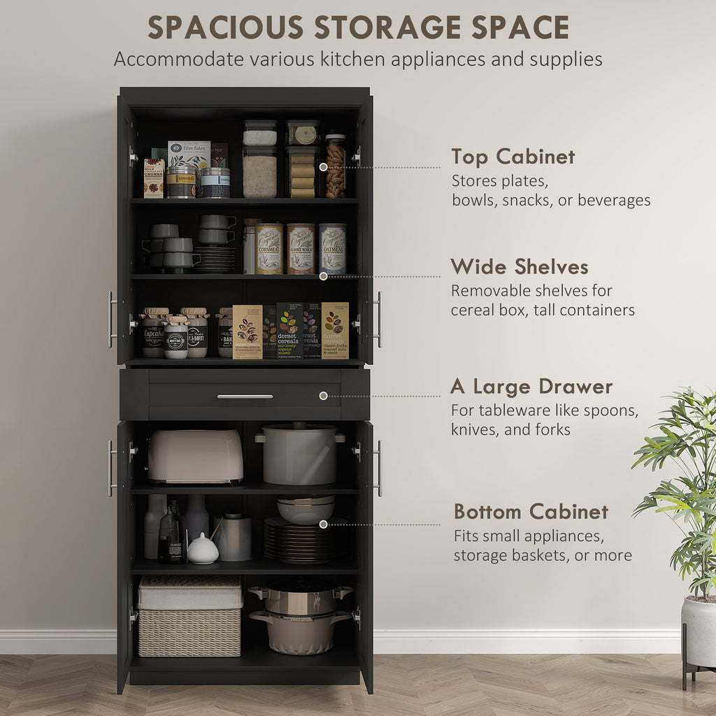 72" Storage Cabinet, Freestanding Kitchen Pantry Cabinet with 4 Doors, Drawer and 3 Adjustable Shelves, White