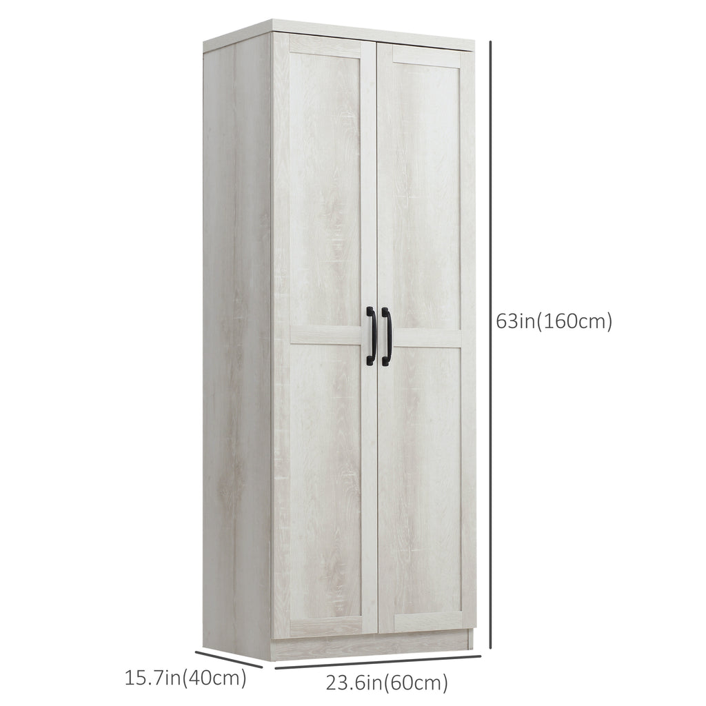 63" Kitchen Storage Cabinet, 5-tier Pantry Cabinet with Doors and Adjustable Shelves for Dining Room, Distressed White
