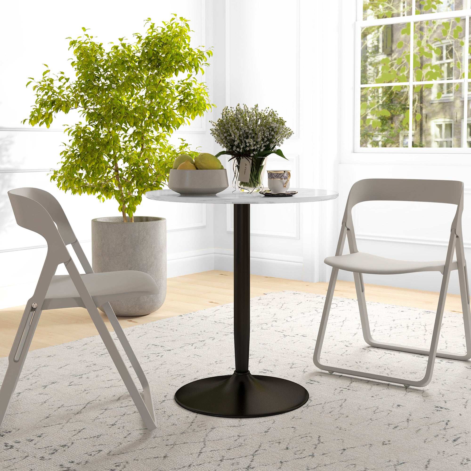 Modern Kitchen Table for 2 People, Round Dining Table with Steel Base for Living Room, Dining Room, White Marble