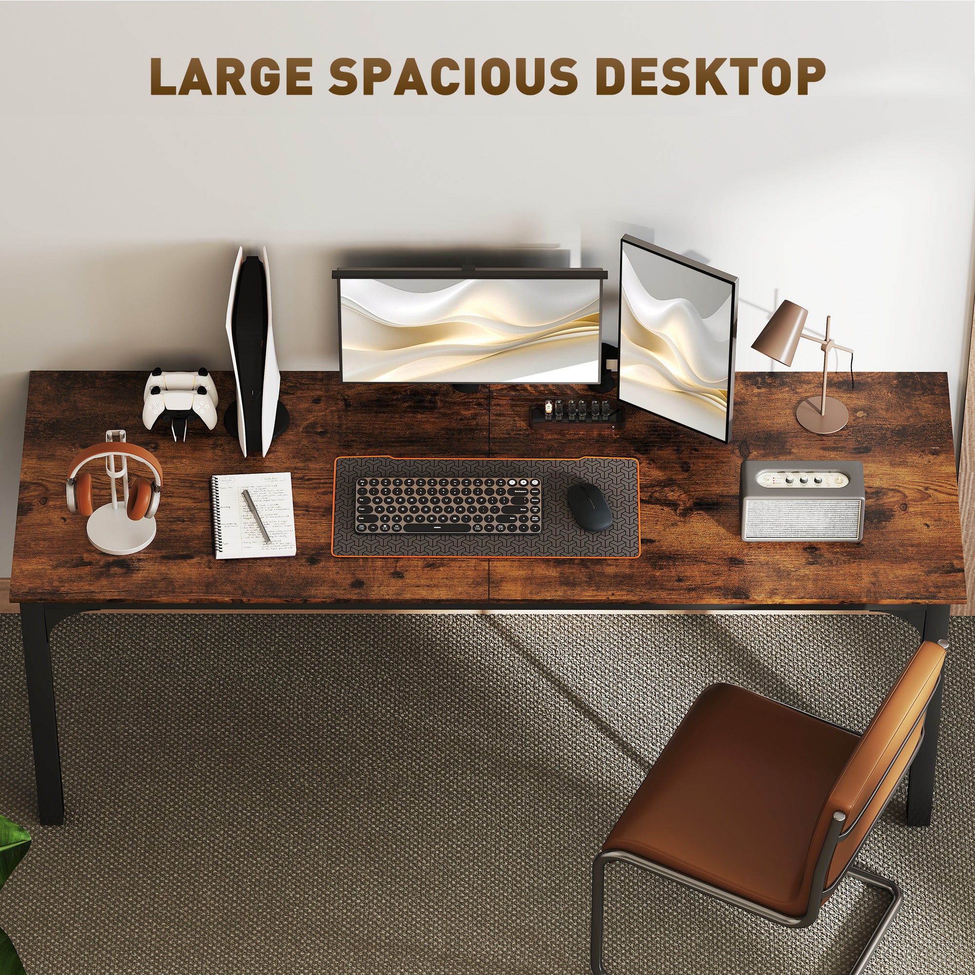 71" Computer Desk, Desktop Desk with Metal Legs, Rustic Brown