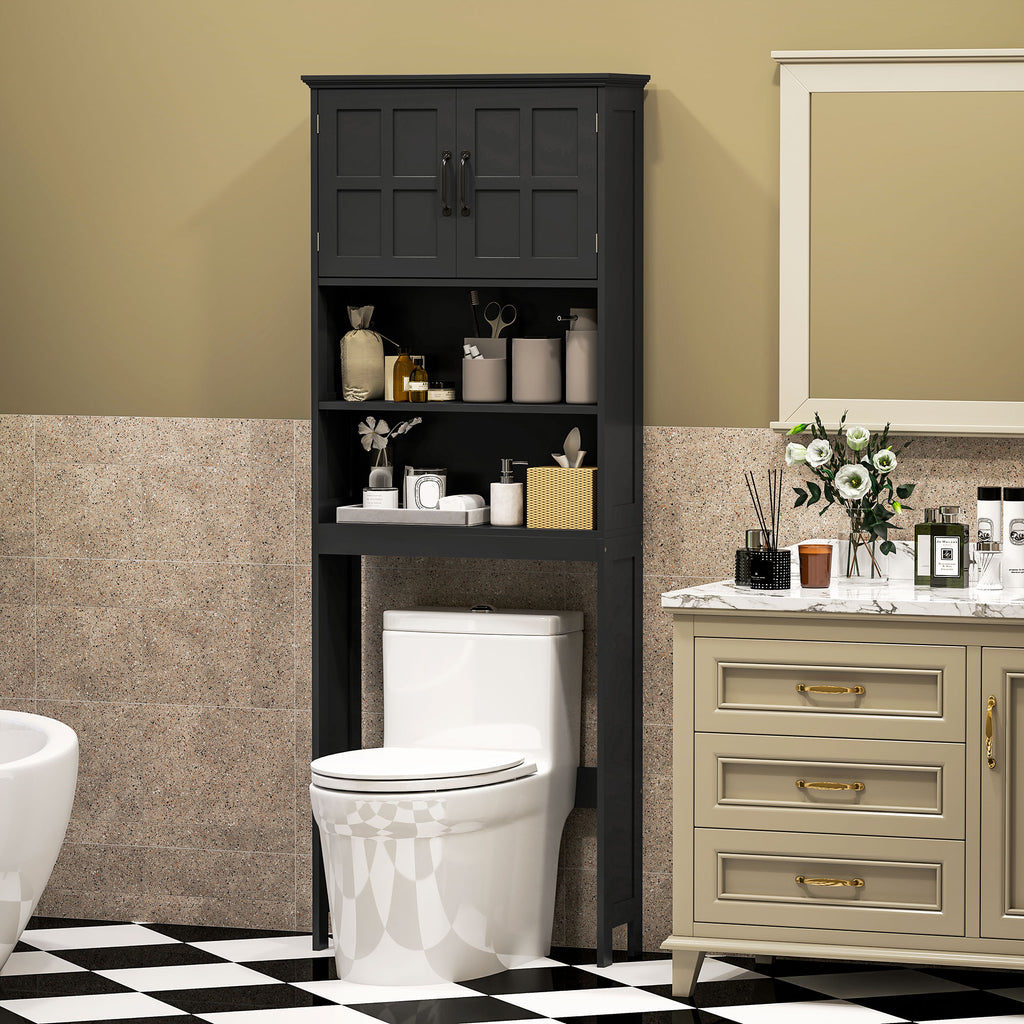 Modern Over The Toilet Storage, Bathroom Cabinets Over Toilet with Open Shelves and Double Door Cabinet, White