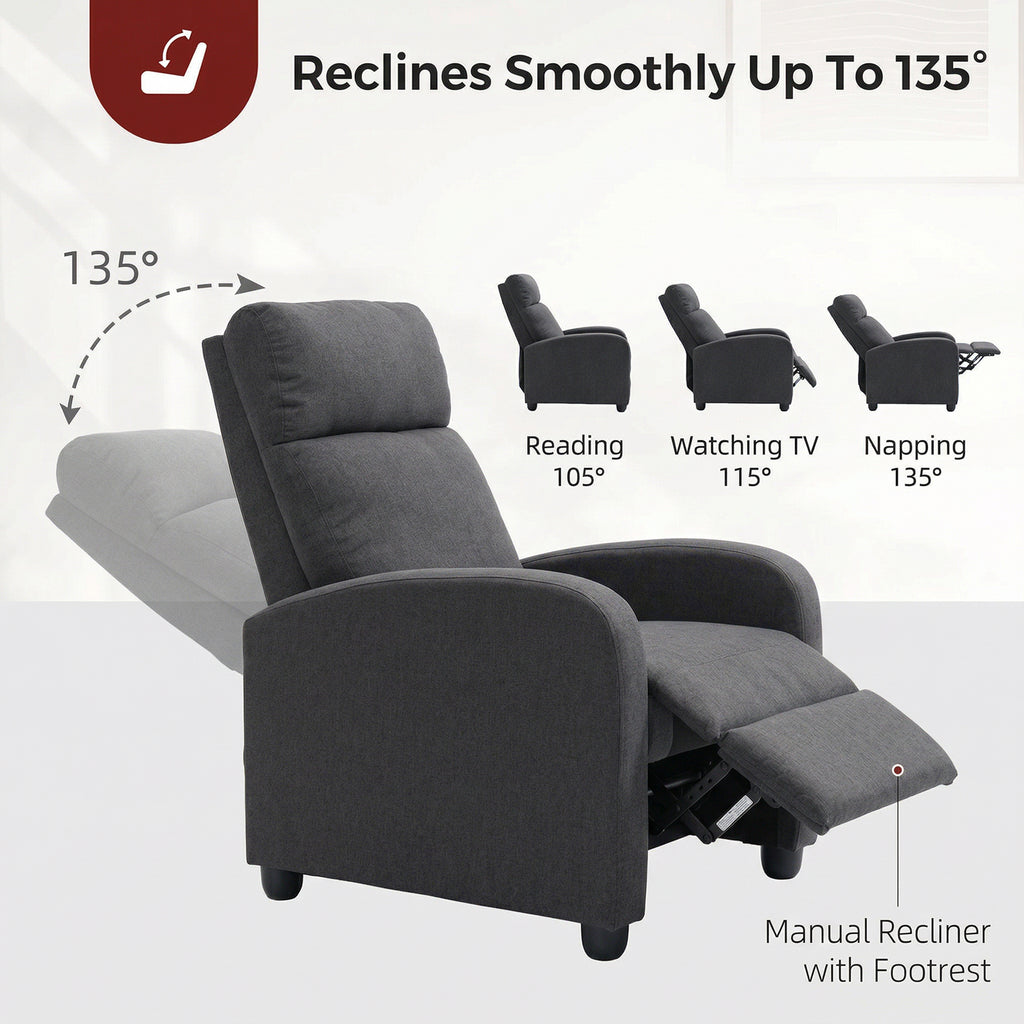 Fabric Recliner Sofa Manual Recliner, Home Theater Seating Single Reclining Sofa Chair with Padded Seat for Living Room, Dark Grey