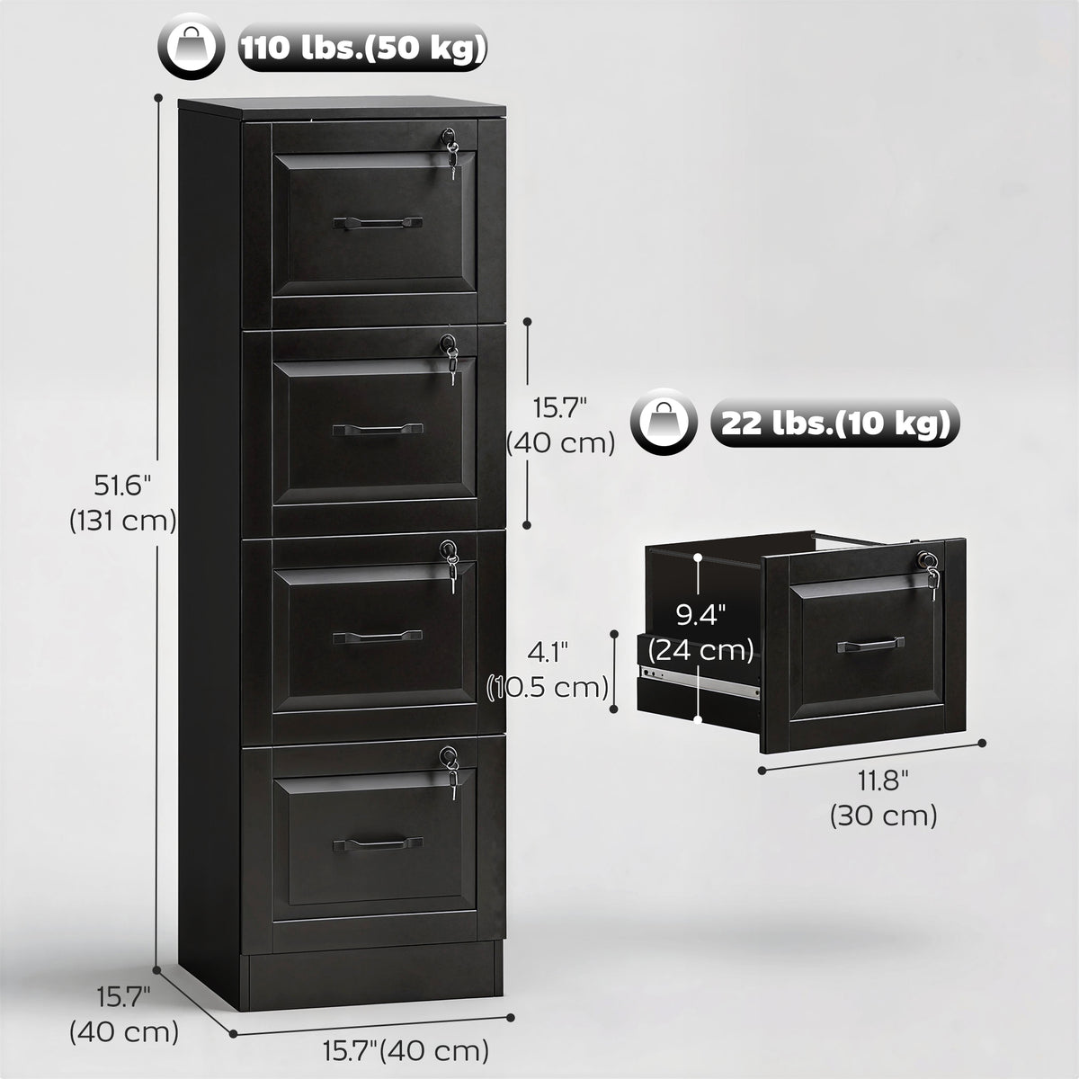 3 Drawer File Cabinet with Lock, Vertical Filing Cabinet with Adjustable Hanging Bars for A4 and Letter Size, Black