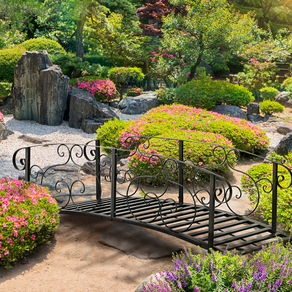 6FT Steel Garden Bridge with Safety Siderails, Decorative Arc Landscaping Bridge for Backyard Creek Stream Pond, Brown