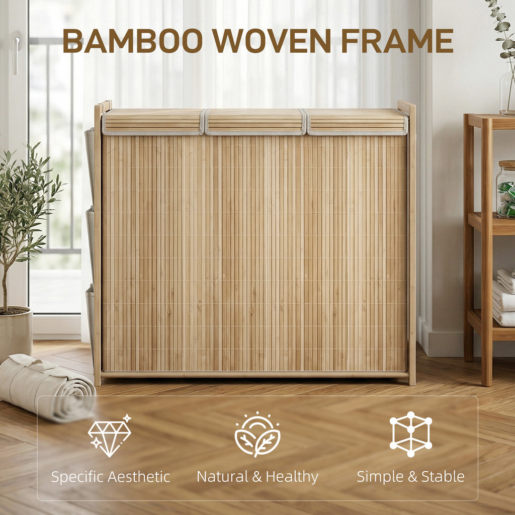 Bamboo Laundry Hamper with Removable Drawstring Bag and Side Storage Pockets, 20 Gal, Natural