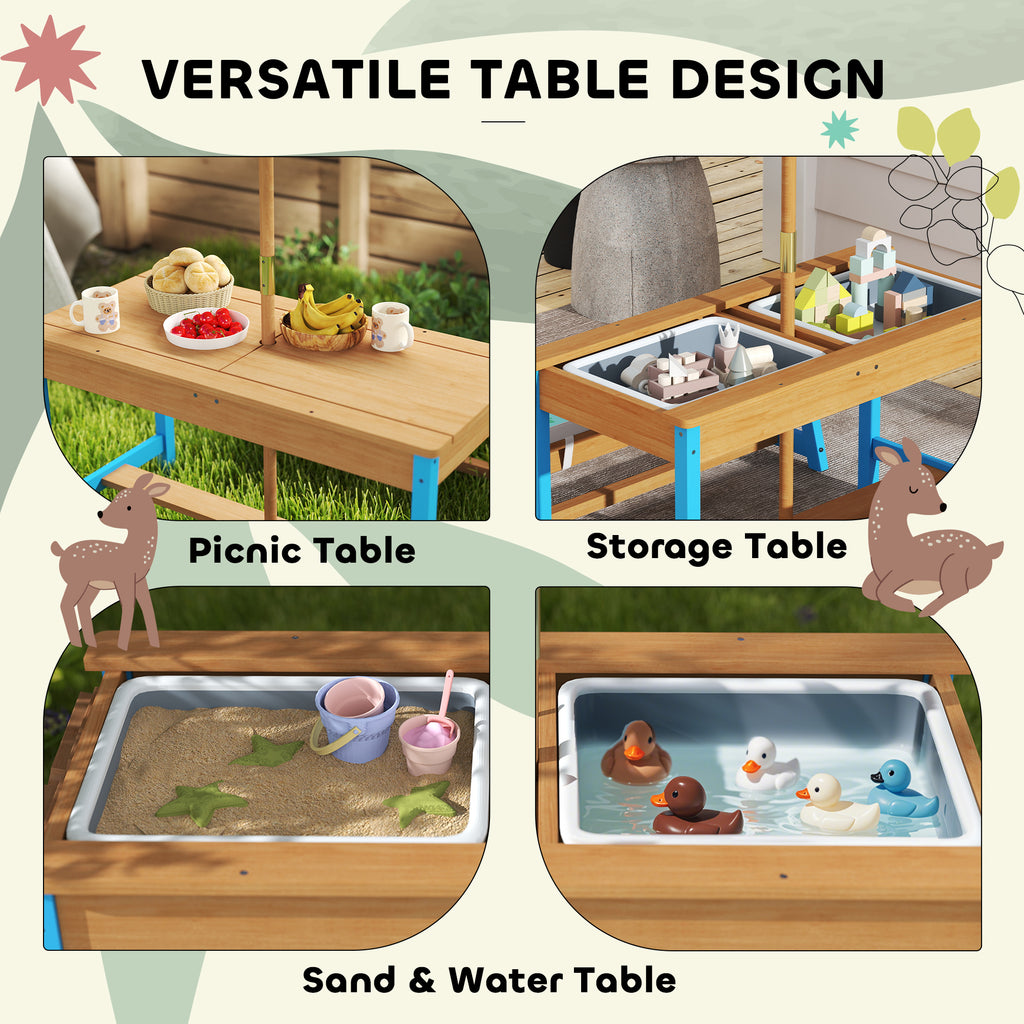Qaba Kids Picnic Table and Bench Set with Removable Umbrella, Cushions & Boxes, Dinosaur Theme for Outdoor, Blue