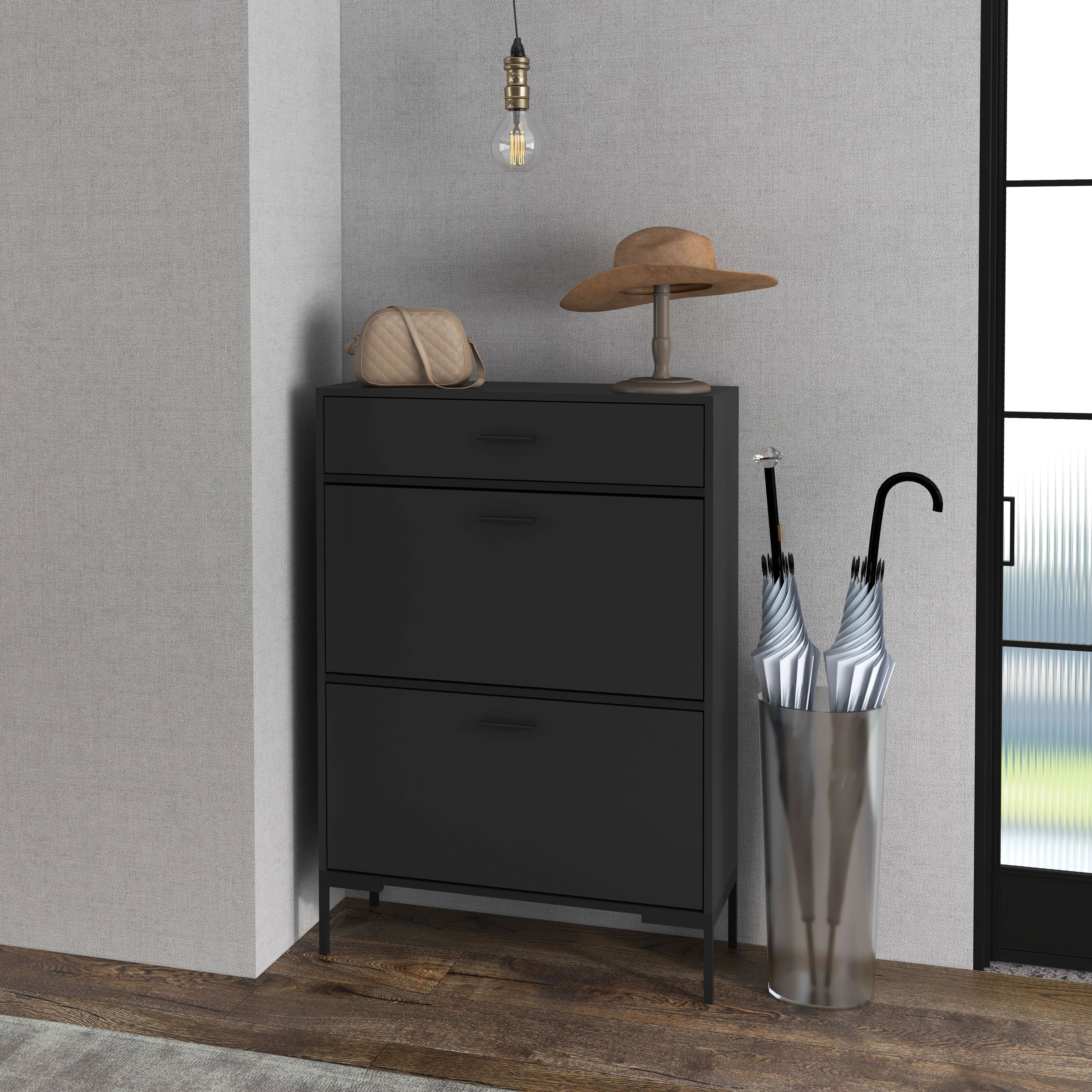 Modern Shoe Cabinet Storage 12 Pair Shoe Organizer with 2 Flip Doors Drawer and Adjustable Shelf White