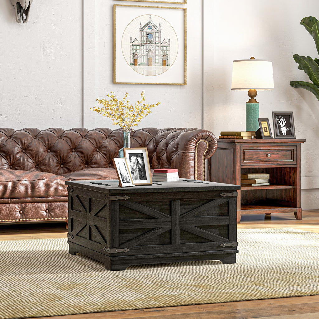 Farmhouse Coffee Table, Square Center Table with Flip-top Lids, Hidden Storage Compartment, Black