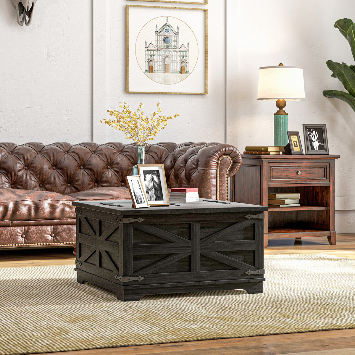 Farmhouse Coffee Table, Square Center Table with Flip-top Lids, Hidden Storage Compartment, Black