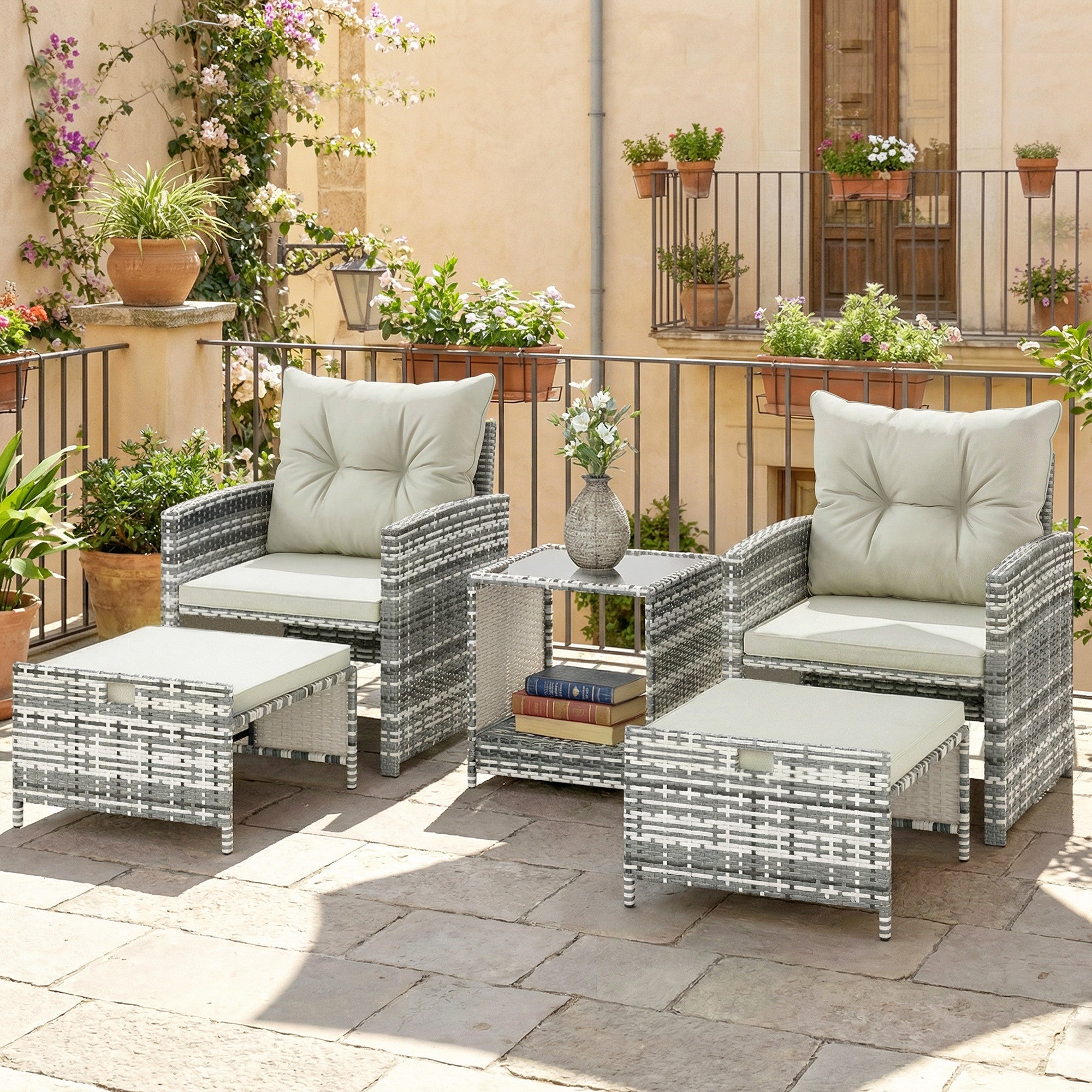 5 Piece Patio Furniture Set, Wicker Patio Chairs with Ottomans, 2-Tier Glass Coffee Table and Cushions, Brown/Cream