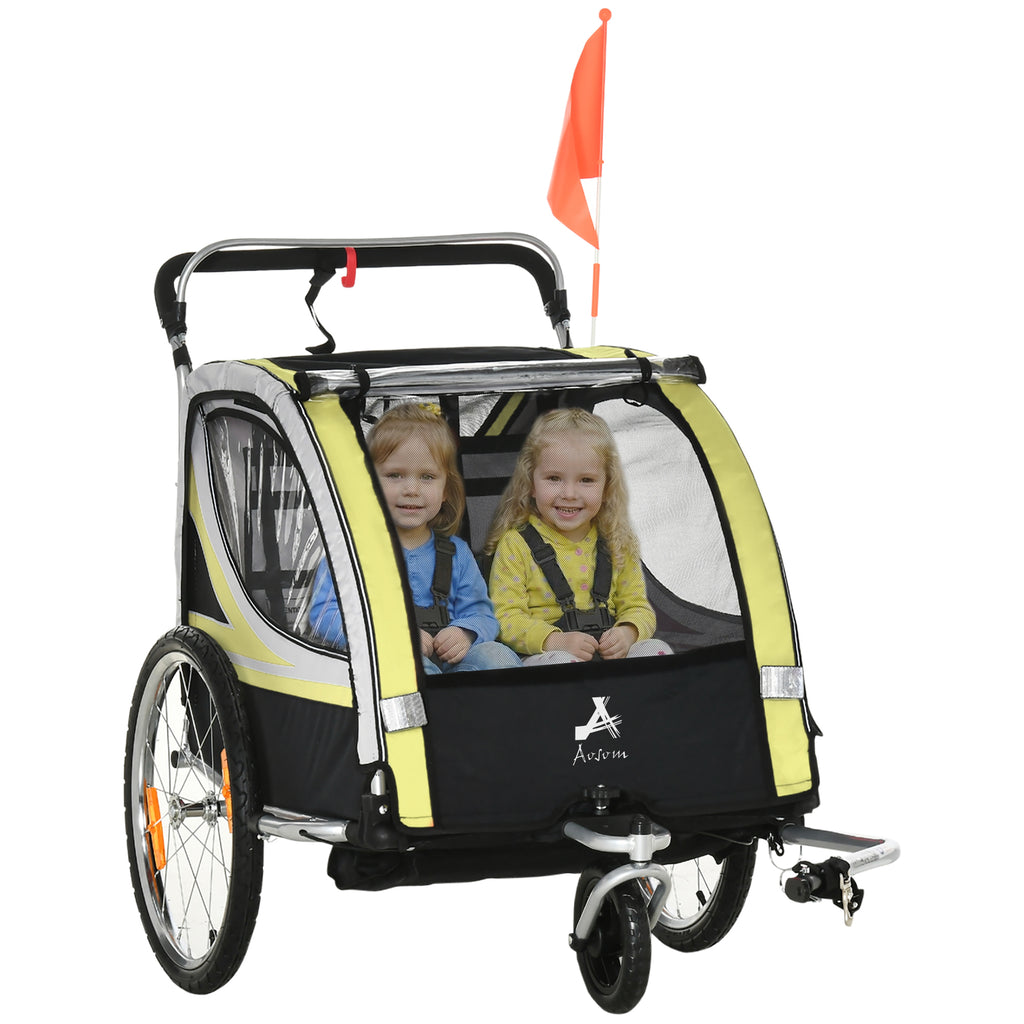 Aosom 2 Seat Bike Trailer for Kids 2-in-1 Double Baby Stroller with Handbrake, Rubber Wheels, 5 Point Harness, Waterproof Cover, Storage Bag, Reflectors, Green