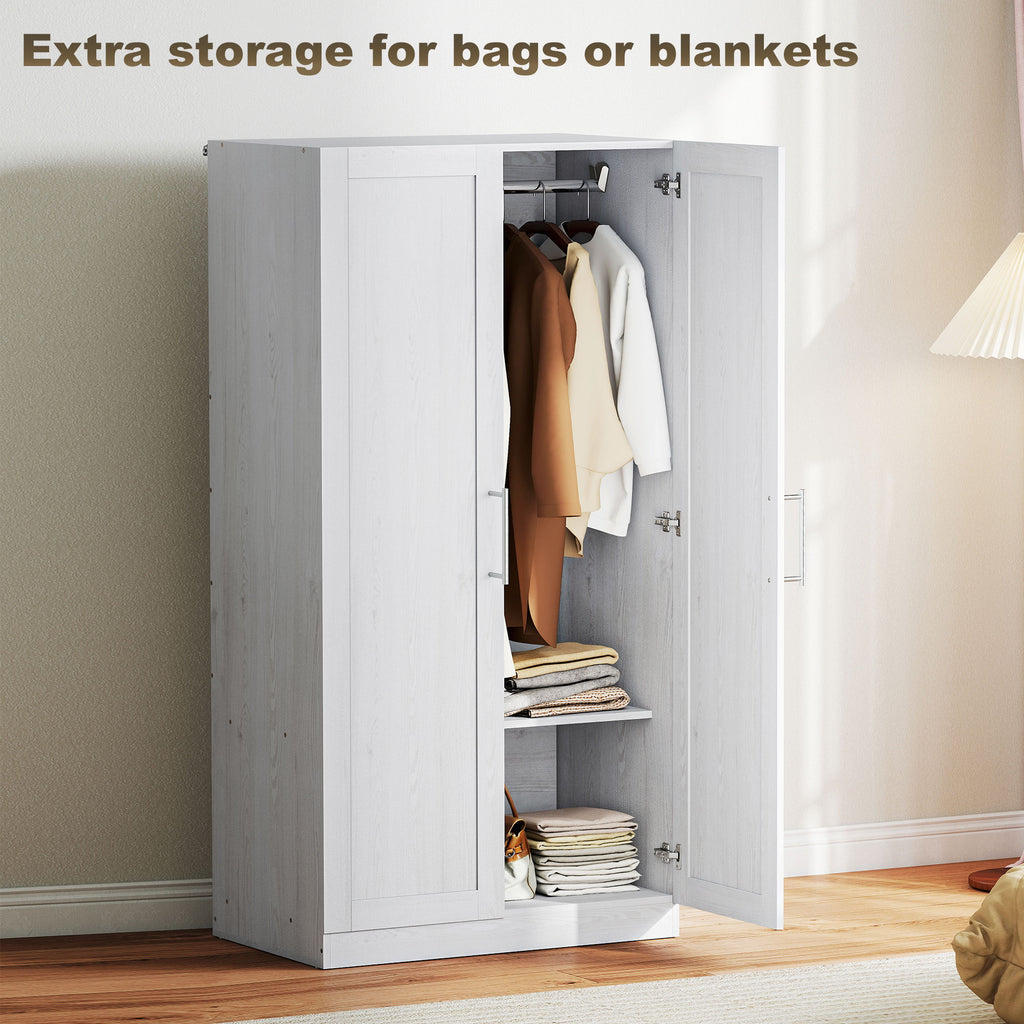 Wardrobe Cabinet with 2 Doors and Hanging Rod, Modern Armoire Wardrobe Closet for Bedroom, White Wood Effect