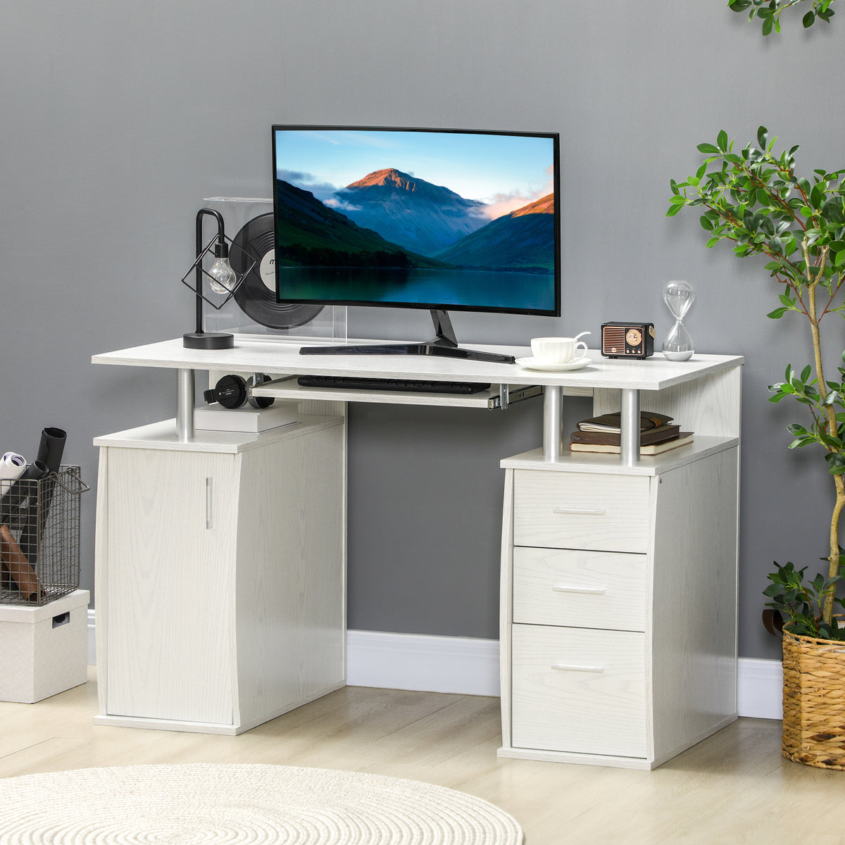 47" Computer Desk with Keyboard Tray and Storage Drawers, Home Office Workstation Table with Storage Shelves, White