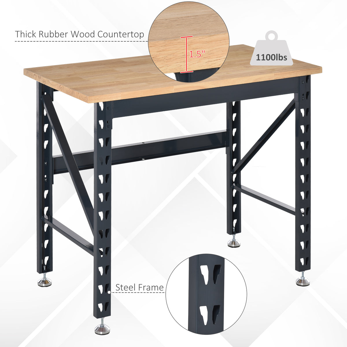45" Workbench, Solid Wood Tabletop Workstation, Work Table with Four Adjustable Foot Pads, Weight Capacity 1100 Lbs