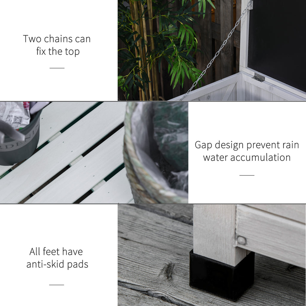 صندوق تخزين خشبي سعة 75 غالون مع مقعد لتخزين الفناء والحديقة الخارجية، حاوية تخزين خارجية للحديقة والفناء الخلفي مع فتحة تهوية وتشطيب مقاوم للعوامل الجوية، أبيض