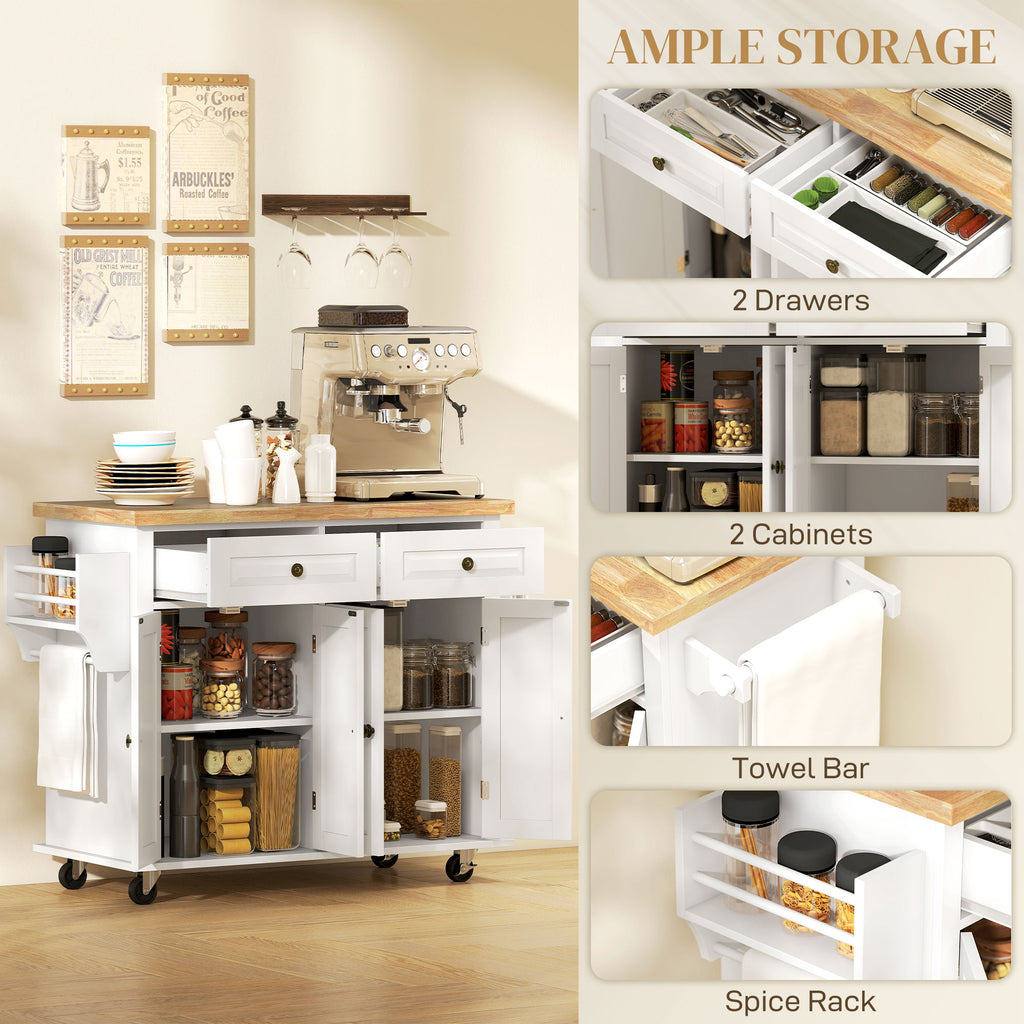 Kitchen Island with Storage, Rolling Trolley Cart with Rubber Wood Top, Spice Rack, Towel Rack, Grey