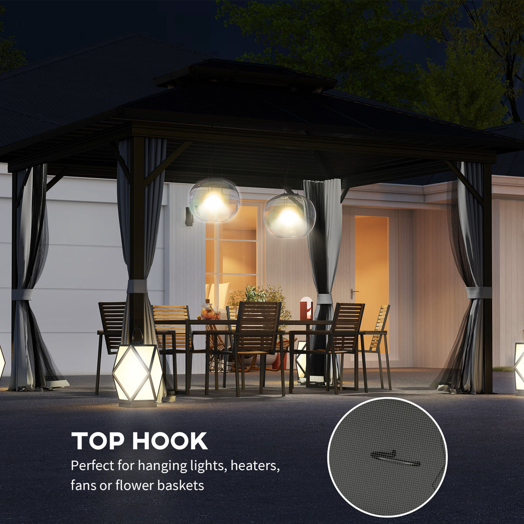 10' x 12' Hardtop Gazebo, Sun Shelter with Double Tier Metal Roof, Mosquito Netting, and Hanging Hook, Light Grey