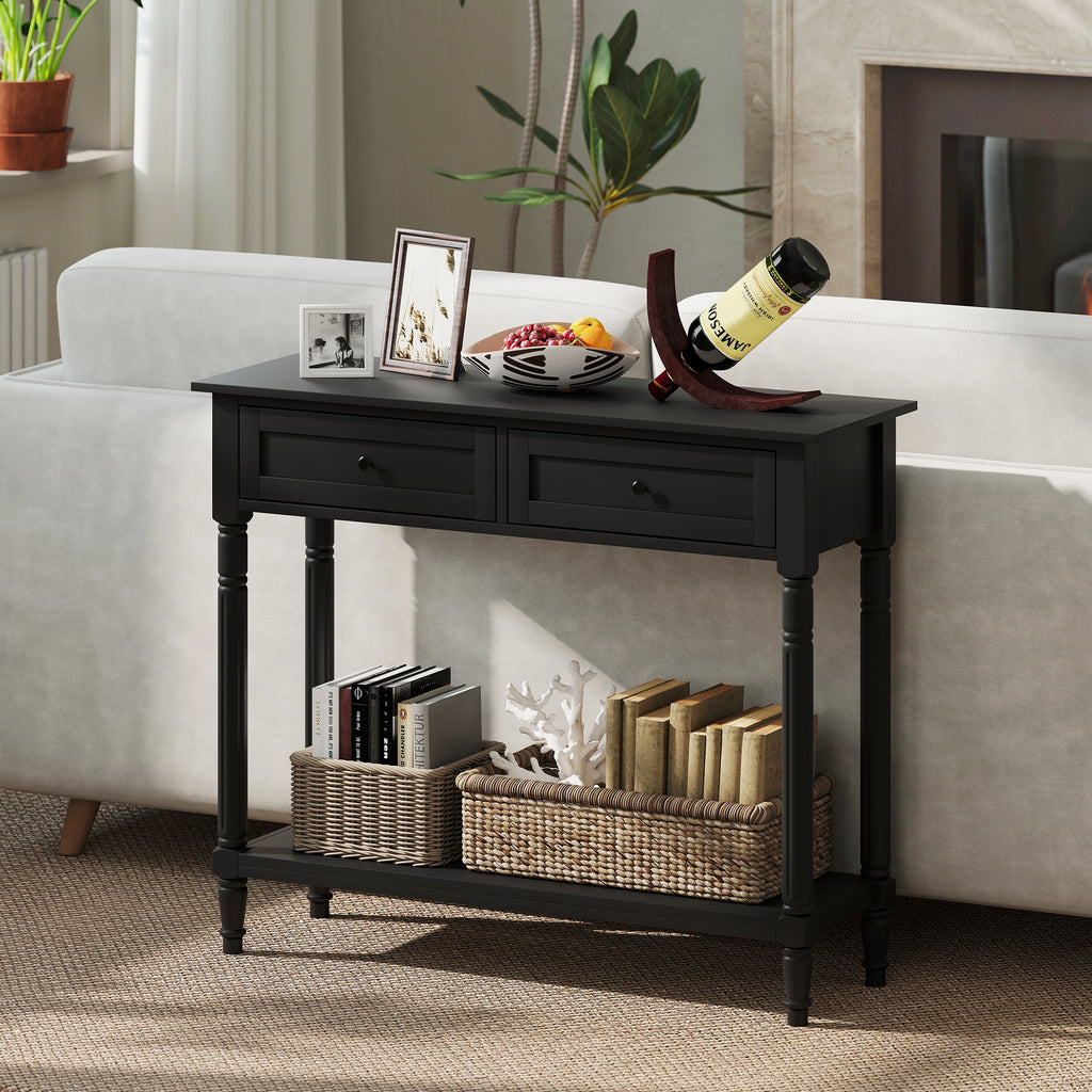 Hallway Console Table, Modern Entryway Table with 2 Drawers, Storage Shelf, Turned Legs for Living Room, Bedroom, Black