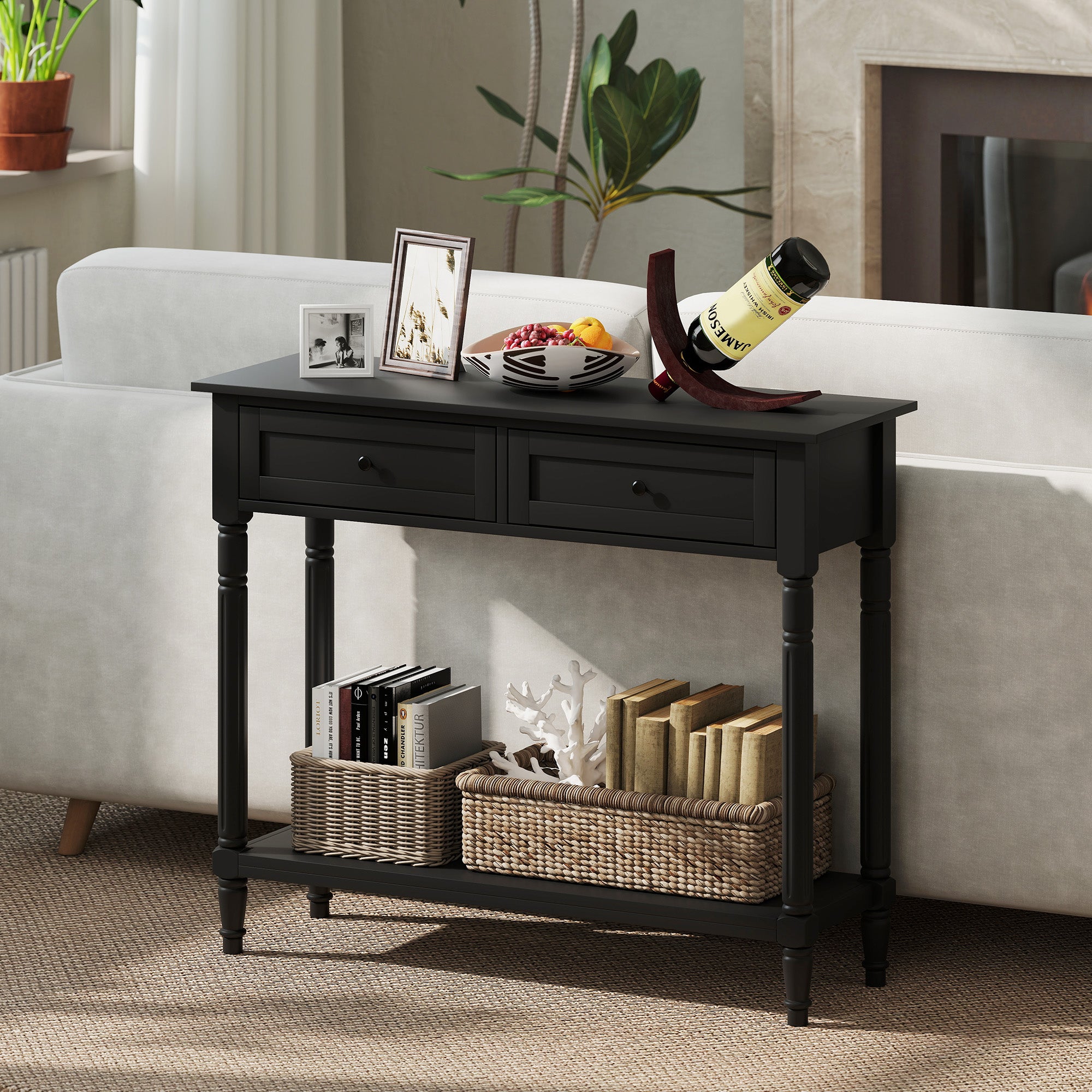 Hallway Console Table, Modern Entryway Table with 2 Drawers, Storage Shelf, Turned Legs for Living Room, Bedroom, Black