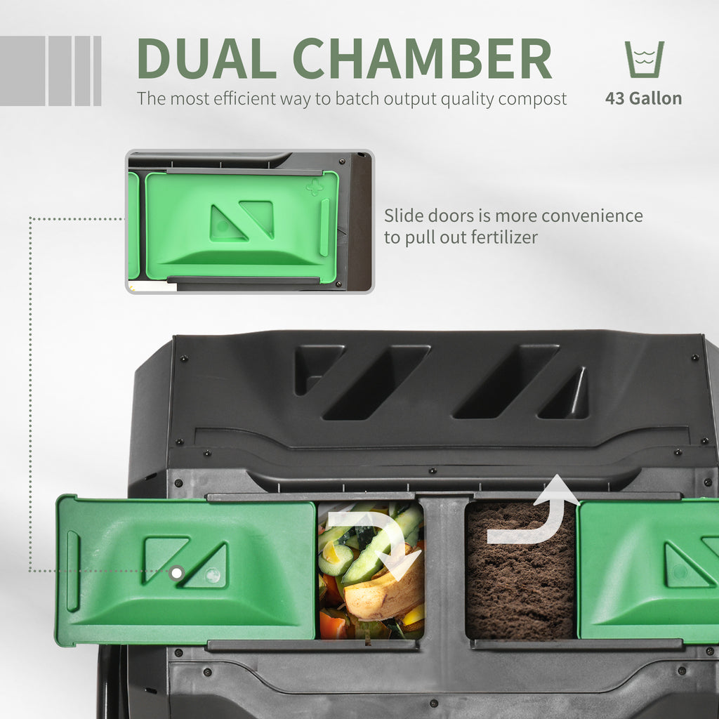 Tumbling Compost Bin Outdoor Dual Chamber 360° Rotating Composter 43 Gallon w/ Sliding Doors & Solid Steel Frame, Green