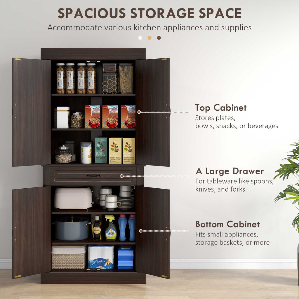 71" Freestanding Kitchen Pantry with 4 Doors and 2 Cabinets, Tall Storage Cabinet for Kitchen, Distressed Coffee