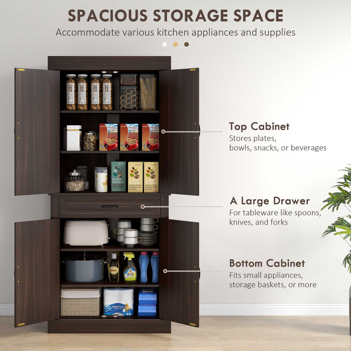 71" Freestanding Kitchen Pantry with 4 Doors and 2 Cabinets, Tall Storage Cabinet for Kitchen, Distressed Coffee