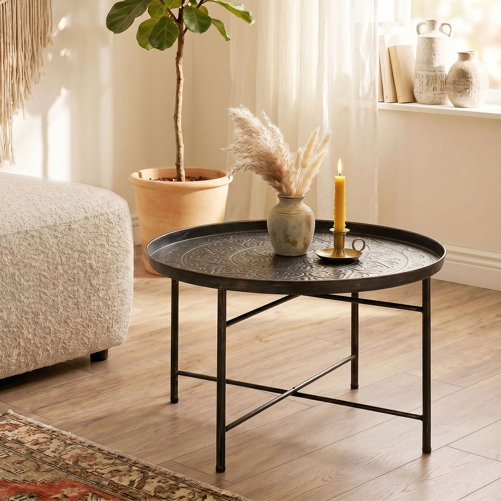 Vintage Coffee Table for Living Room, 24" Round Center Table with Hammered Tray Top and Metal Frame, Pewter