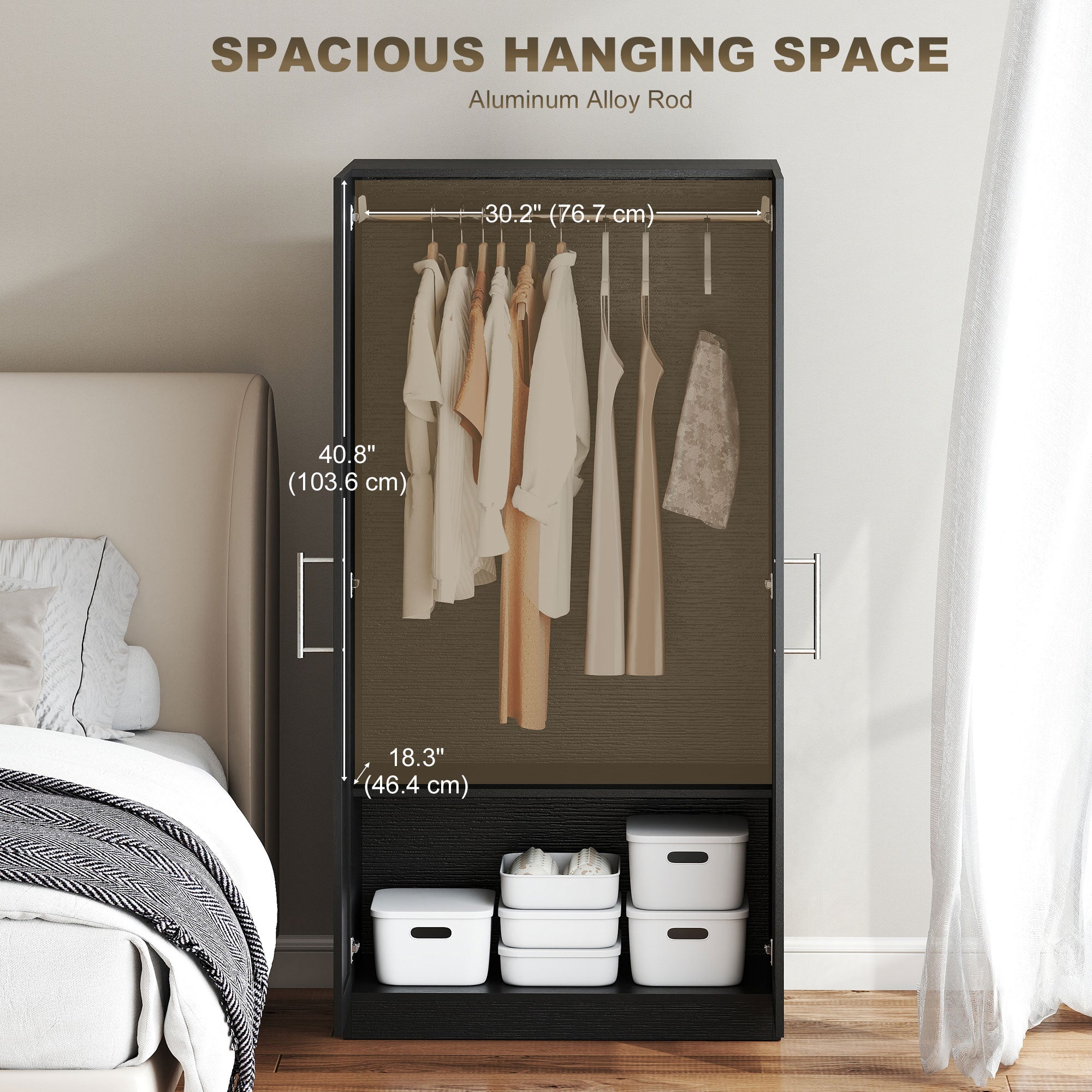 Wardrobe Cabinet with 2 Doors and Hanging Rod, Modern Armoire Wardrobe Closet for Bedroom, White Wood Effect
