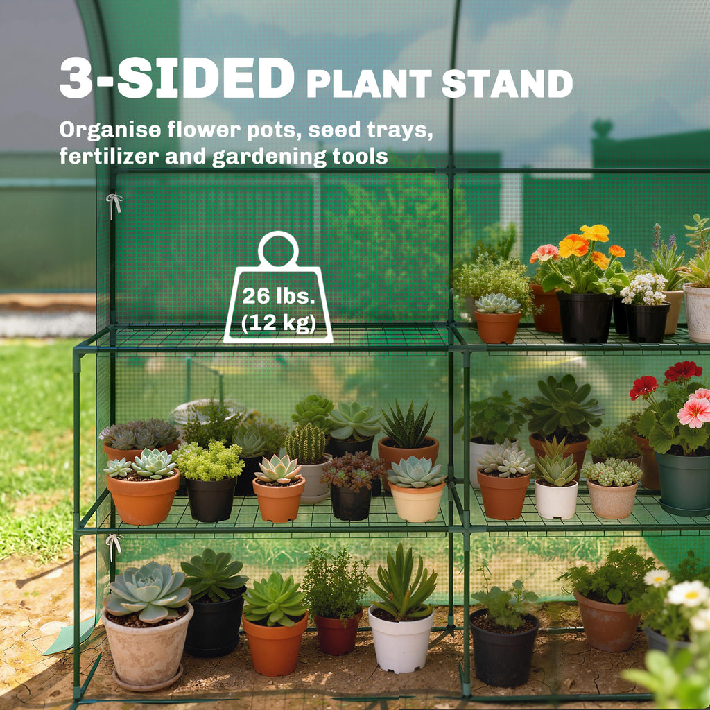 Walk-in Mini Greenhouse with Shelves, Portable Outdoor Greenhouse with Roll-up Door, 123 x 187 x 189 cm, White