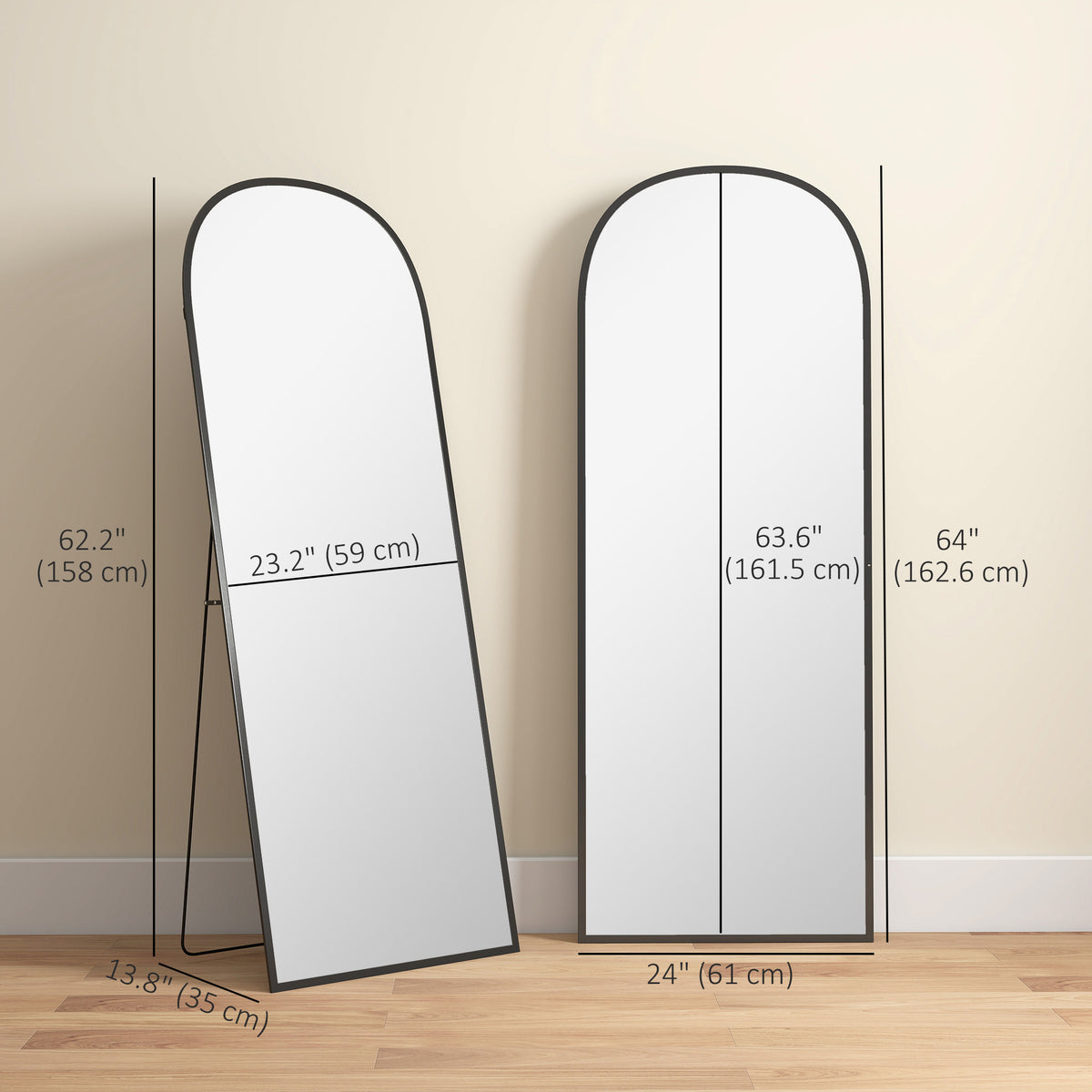 ርእሲ ዝተሓጸረ ደው ዝበለ መስታወት፣ 64" x 20" ምሉእ ንውሓት መስታወት፣ ንምድላይ ወይ ንግድግዳ ዝተሰንጠቐ ንሳሎን፣ ንድሕሪት ክፍሊ፣ ጸሊም